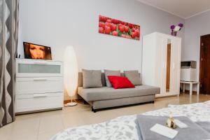 a living room with a couch and a tv at Grey Apartments II in Wrocław