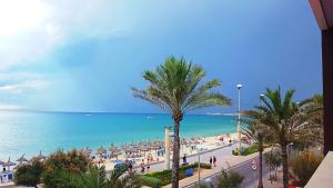 a view of a beach with a palm tree and the ocean at Q-Royal in Playa de Palma