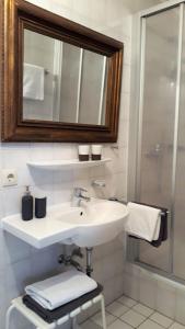 a bathroom with a sink and a mirror and a shower at Pension Langerspacher in Grabenstätt