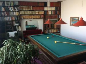 a living room with a pool table and books at Maison Daumas Billard Français et Piscine in Robion en Luberon