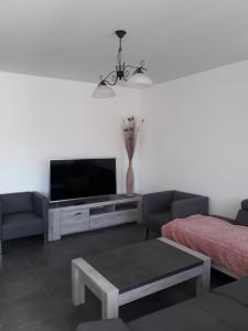 - un salon avec une télévision, un canapé et une table dans l'établissement Lamour, à Ancelle