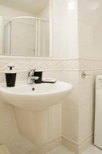 uma casa de banho com um lavatório branco e um espelho. em Ai Quattro Angeli em Praga