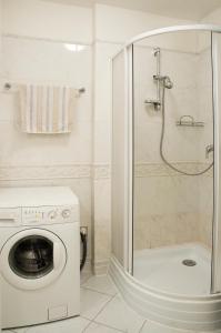 プラハにあるアイ クアトロ アンジェリのバスルーム(シャワー付)の洗濯機が備わります。