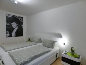 バーデン・バーデンにあるDomino Apartmentのベッドルーム1室(ベッド1台付)が備わります。壁には絵画が飾られています。