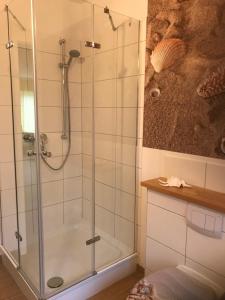 um chuveiro com uma porta de vidro na casa de banho em SEASIDE APARTMENTS - SANDY GOLD em Eckernförde