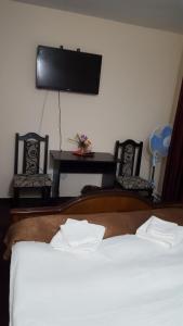 a bedroom with a bed with a tv on the wall at Pensiunea Hanami in Bacău +15 photos