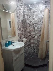 uma casa de banho com um lavatório e um chuveiro em New studio next to metro for 2 people em Atenas