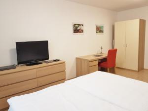 - une chambre avec un lit et un bureau avec une télévision dans l'établissement Apartmán 101, à Horní Maršov