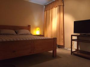 1 dormitorio con 1 cama con lámpara y TV en departamento en ñuñoa, en Santiago