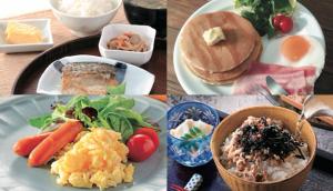 three pictures of plates of food on a table at Hotel Large (Adult Only) in Honjo