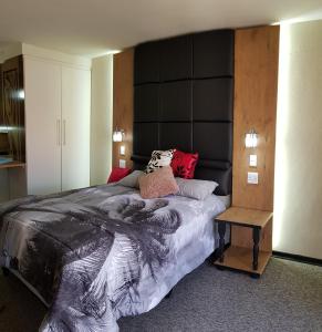 1 dormitorio con 1 cama grande y cabecero negro en Hyswan Self Catering Guesthouse, en Krugersdorp