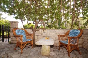 Vacation House Planika في فيلا لوكا: كرسيان الخوص وطاولة أمام شجرة