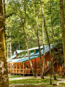 a log cabin in the woods with trees at Waterfall Rafting Center in Šćepan-Polje