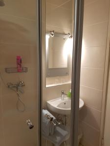a bathroom with a sink and a shower with a mirror at Hotel Giesing in Munich