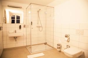 a bathroom with a shower and a toilet and a sink at HOTEL SPECHT Tremonia Group - Dortmund in Dortmund