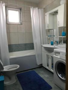 a bathroom with a toilet and a sink and a washing machine at Redon's City Center Apartment in Prishtinë
