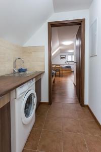een keuken met een wasmachine en droger in de kamer bij Attic Rooms Tábor in Tábor
