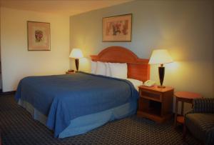 Texas Inn & Suites في دينتون: غرفة فندق بسرير كبير مع بطانية زرقاء