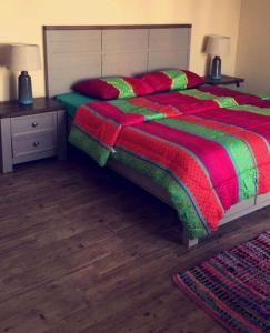 a bedroom with a bed with a red and green blanket at شالية النخلة in Unayzah