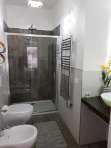 uma casa de banho com um chuveiro, um WC e um lavatório. em B&B Stella Maggiore em Verbania