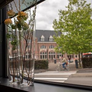 un vaso pieno di fiori, seduto sul davanzale di una finestra di Hotel Central a Roosendaal
