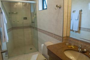 uma casa de banho com um chuveiro, um lavatório e um WC. em King Hotel em São Paulo