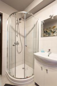 een badkamer met een douche en een wastafel bij Nest Arena Toruń in Toruń