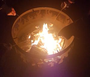 a fire pit with people around it at night at Cosy Camping Suffolk in Ipswich