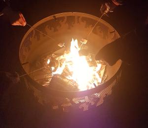 a fire pit with people around it at night at Cosy Camping Suffolk in Ipswich +16 photos