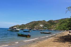 a group of boats in the water on a beach at Hostal Dumbira in Taganga