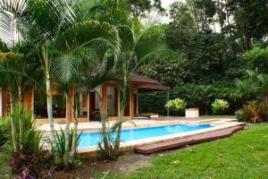 una piscina con cenador y palmeras en Casa Ambar, en Puerto Viejo