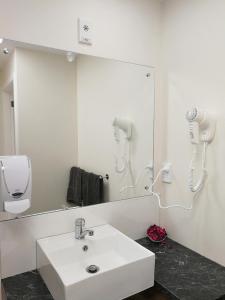 a bathroom with a sink and a large mirror at Oxford Queenette Backpackers in Oxford