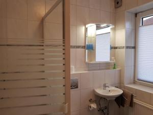 y baño con ducha, lavabo y espejo. en Flensburg Ferienwohnungen Apartment 2, en Flensburg