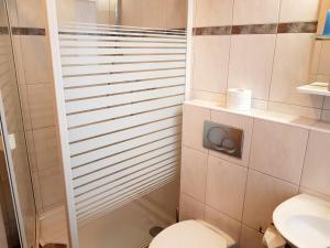 a bathroom with a toilet and a shower at Flensburg Ferienwohnungen Apartment 2 in Flensburg