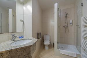 a bathroom with a sink and a shower and a toilet at Antica Residence in Kraków