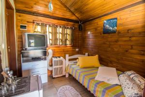 a room with a couch and a tv in a cabin at Green Mountain Pousada in Florianópolis