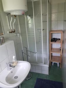 a bathroom with a sink and a shower at Ferienhaus Zinnowitz in Zinnowitz +20 photos