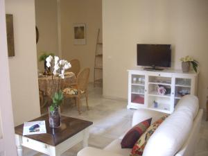 a living room with a white couch and a tv at Apartamento Alcazaba in Málaga