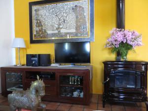 a living room with a tv and a vase of flowers at Colores en el Viento in Frigiliana