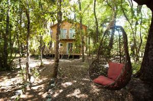 un columpio en el bosque frente a una casa en Duub Cabañas, en Las Trancas