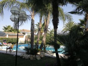 a swimming pool with palm trees and a light pole at Hotel Novelli in Orta Nova