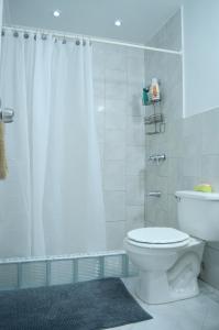 a bathroom with a toilet and a shower curtain at One Love Cozy Studio Seawind On The Bay in Montego Bay