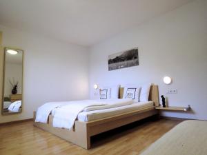 1 dormitorio con 1 cama grande y espejo en Moida-Ferienwohnung, en Fügen