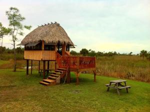 ein Baumhaus mit einer Treppe und einem Picknicktisch in der Unterkunft Everglades Chickee Cottage & Bungalow - Ochopee in Ochopee