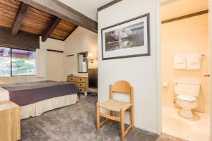 a hotel room with a bed and a toilet at Mammoth Ski and Racquet 132 in Mammoth Lakes +8 photos