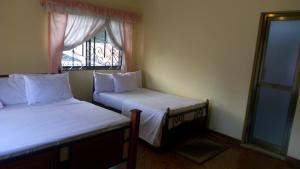 two beds in a small room with a window at Bright Star Hotel in Arusha