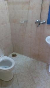 a bathroom with a shower with a toilet and a sink at Bright Star Hotel in Arusha