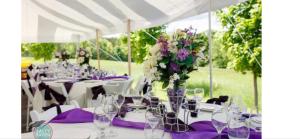 a marquee with tables and chairs with flowers in a vase at A Cayuga LakeFront Inn - Hotel Alt, Ithaca New York in Ithaca