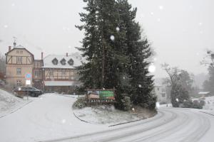 a snow covered street with a christmas tree in a town at Penzion Diana in Teplice nad Bečvou