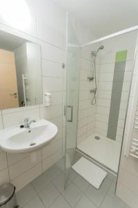 a white bathroom with a sink and a shower at Hotel Na Kocandě in Želiv